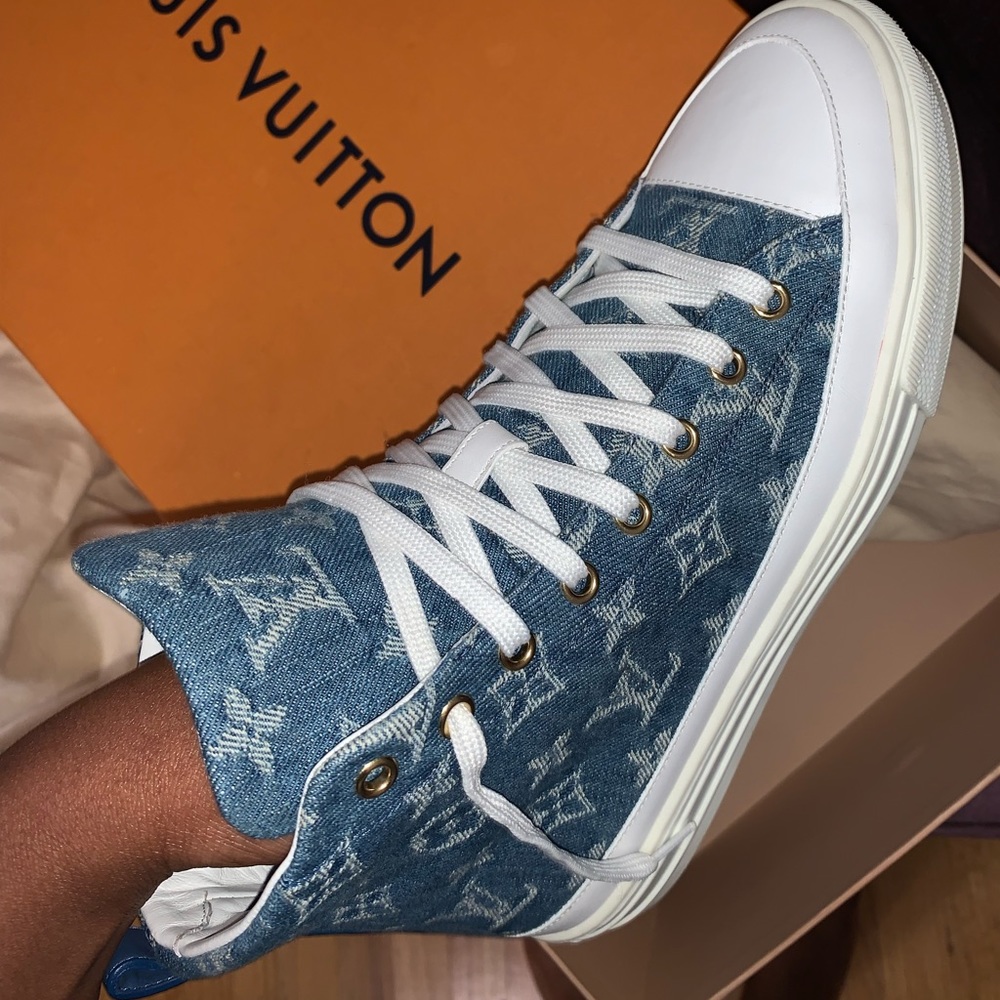 Louis Vuitton Blue Denim Monogram High-Top Sneakers with White Trim